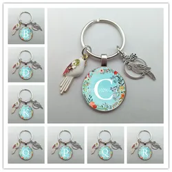 A-Z letter glass keychain fashion animal bird parrot charm car keychain enamel bird key ring pendant gift for men and women