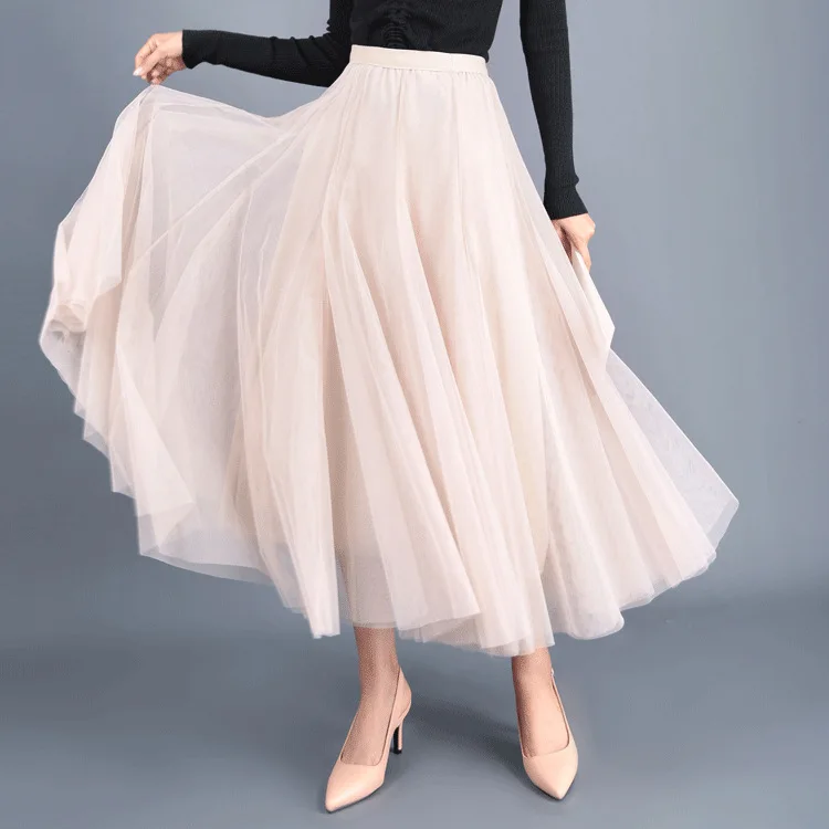 

Mesh skirt 2024 autumn new Korean version thickened high waisted mid length skirt big swing A-line long skirt for women