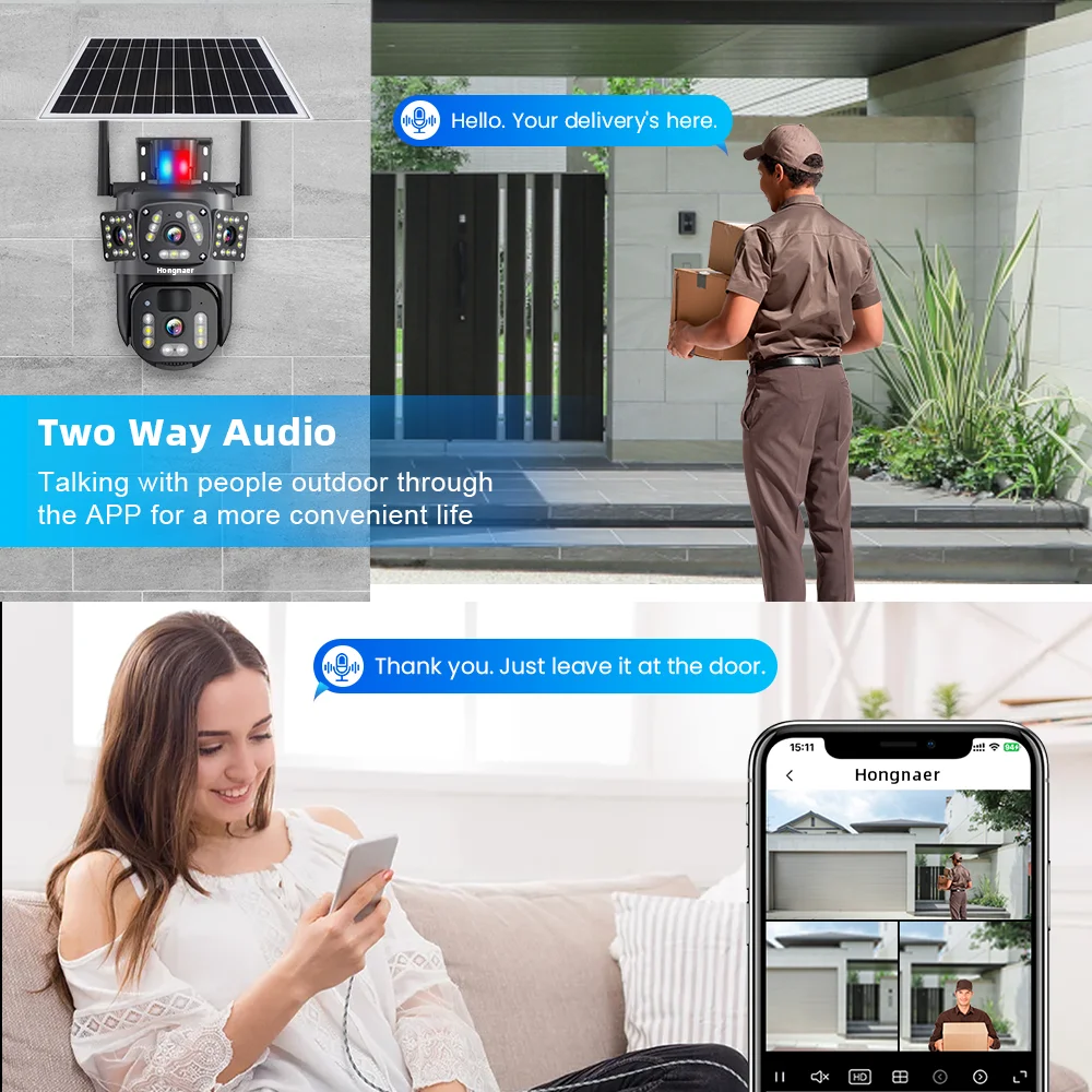 Hongnaer 8MP 4K V380 Pro 2 Lens Wireless Solar Panel Powered IP PTZ Home Outdoor Security WiFi CCTV Solar Camera