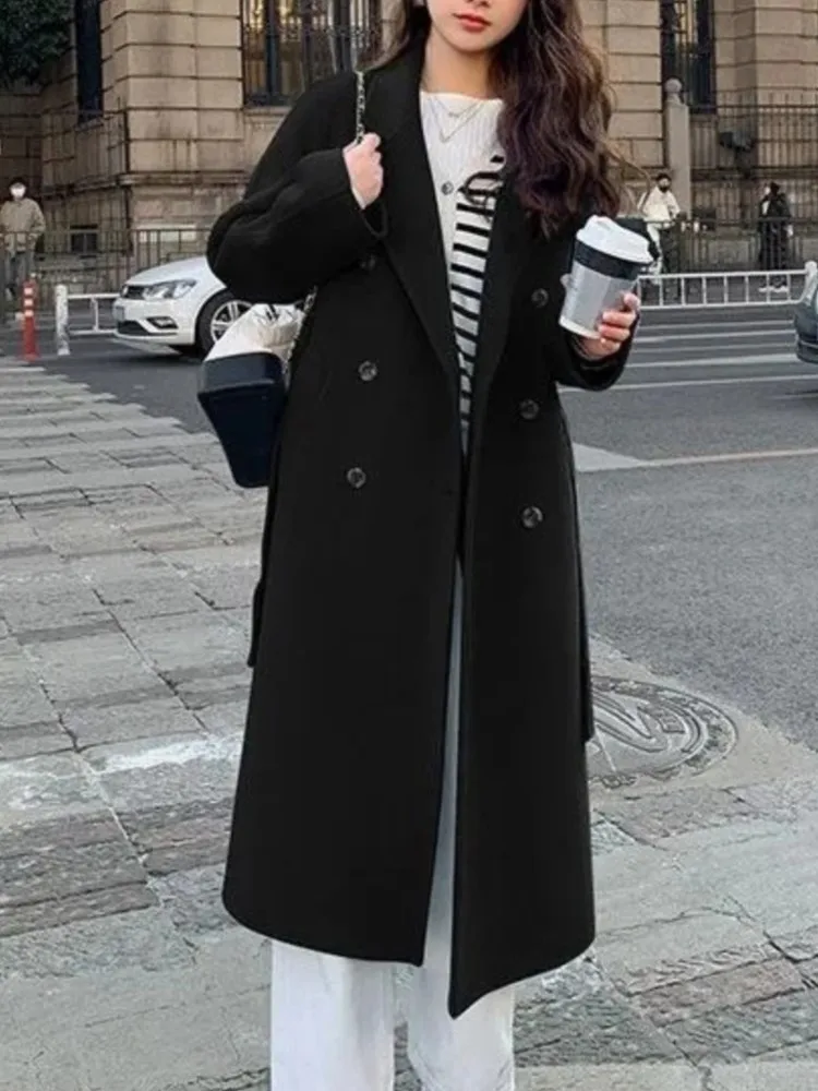 Abrigo de lana suelto informal para mujer, ropa de abrigo sólida elegante y elegante, abrigo largo con cinturón, capa cálida femenina, moda coreana