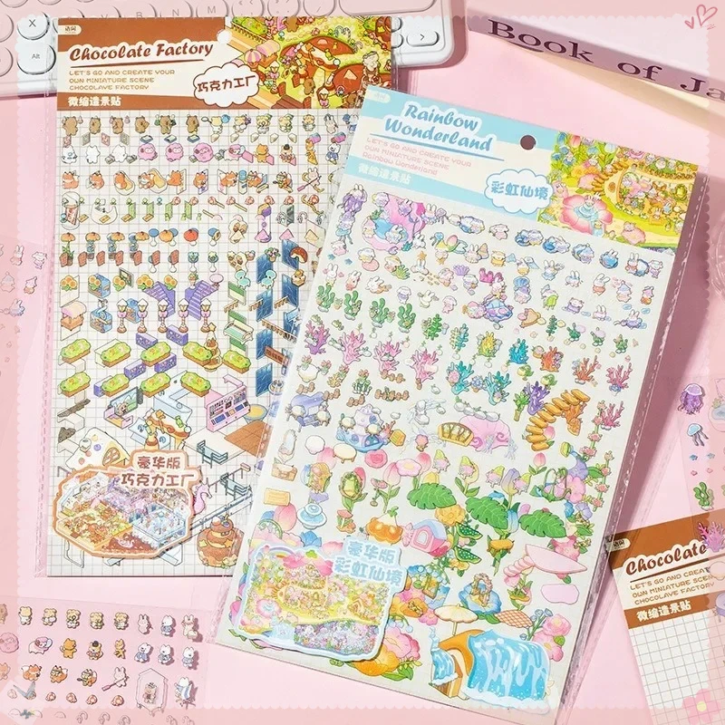 

2 Packs/bag Funny Little World Big 3D Landscape Stickers with Large Scence Cards DIY Birthday Gift Scrapbooking Cute Collages