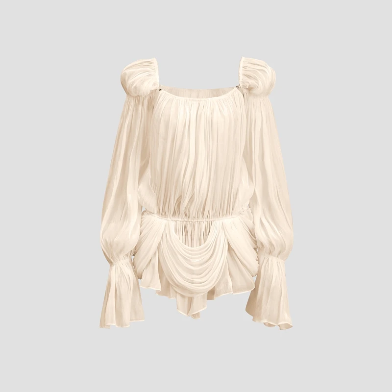 Vestido Mini Bodycon Elegante com Ombro Vazado e Franzido, Manga Flare, Bainha com Babado, Costas Abertas e Saia Fluida para Mulheres - Coleção Verão 2026 para Festas