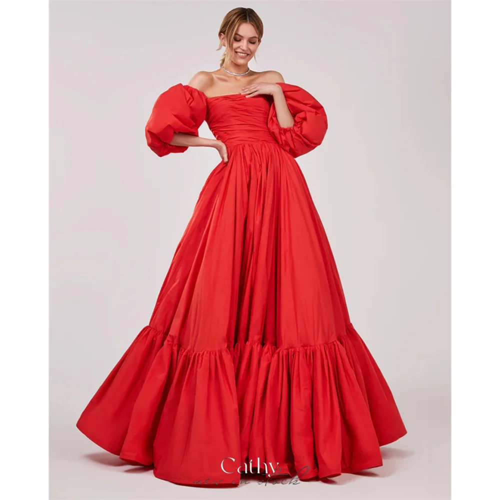 Cathy Red Off the Shoulder Prom Dresses A-line Puffy Sleeves فساتين السهرة Elegant Floor-length Taffeta Vestidos De Noche 2024