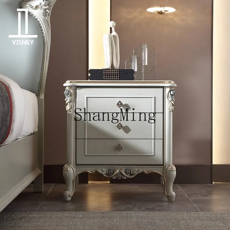 SM new home solid wood carving flower bedside table villa high-end hotel retro master bedroom bedside cabinet