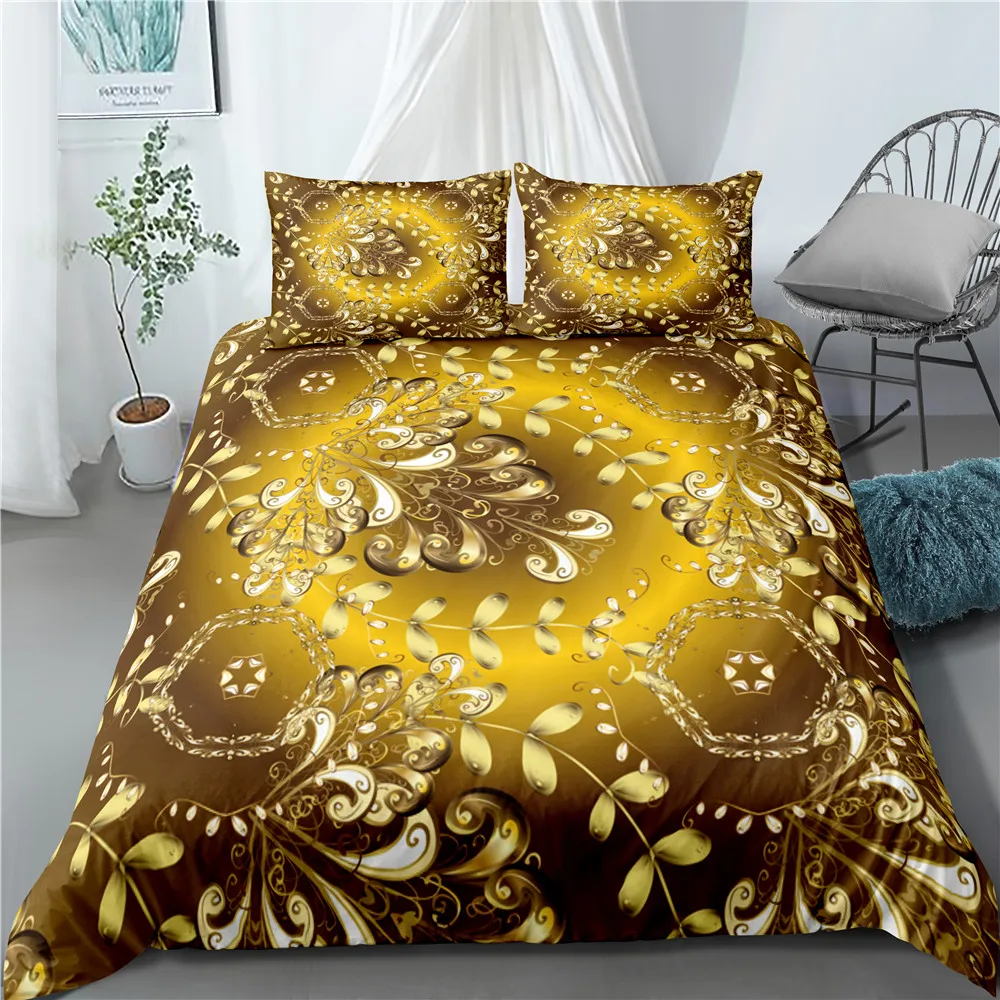 Golden Flower Mandala Duvet Cover Set Single Double Bed Vintage Baroque Bed Cover Pillowcase Luxury Bedding Set 3 Piece