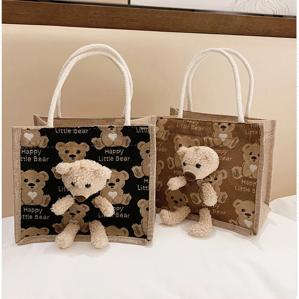 

2024 Cute teddy bear lunch box, bento bag, new fashionable canvas, internet famous cartoon, popular handbag