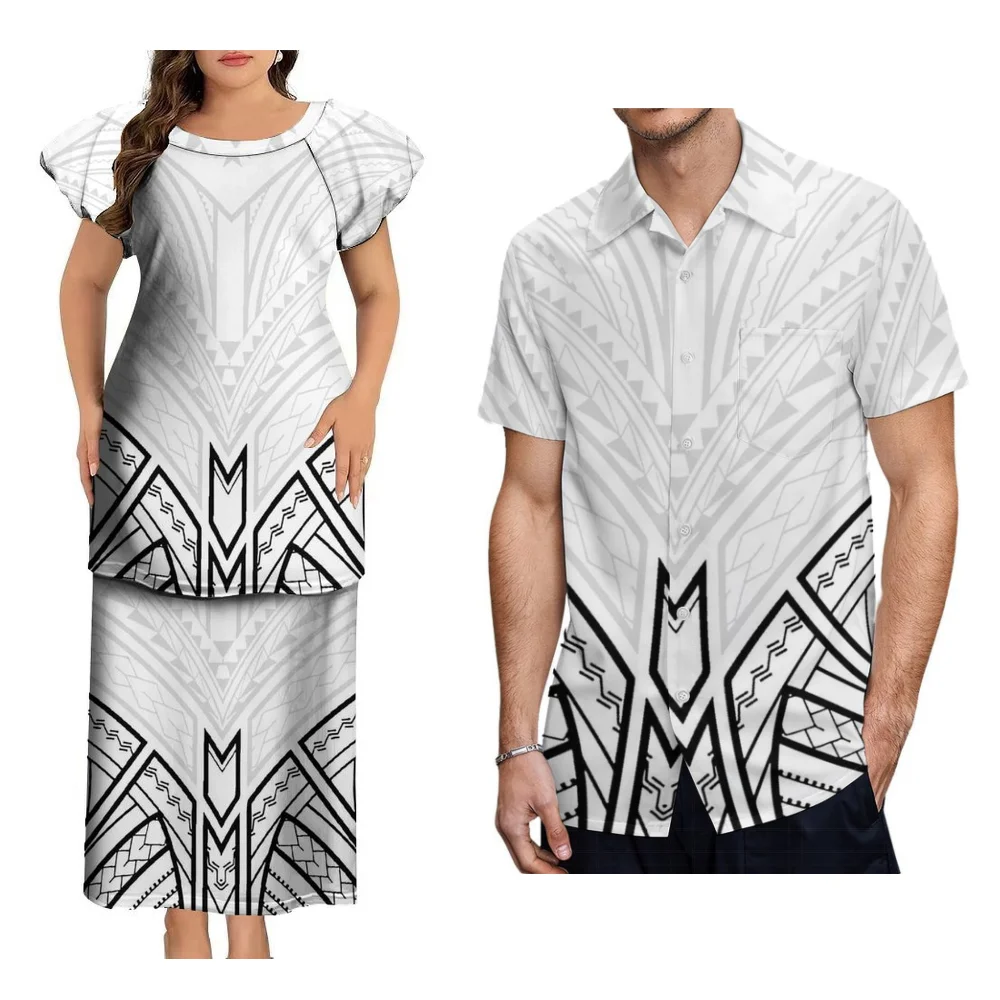 플로럴 프린트 폴리네시안 아일랜드 커스텀 커플 세트, 패셔너블하고 우아한 여성 풀레타시 투피스 남성 비치 휴가 셔츠
