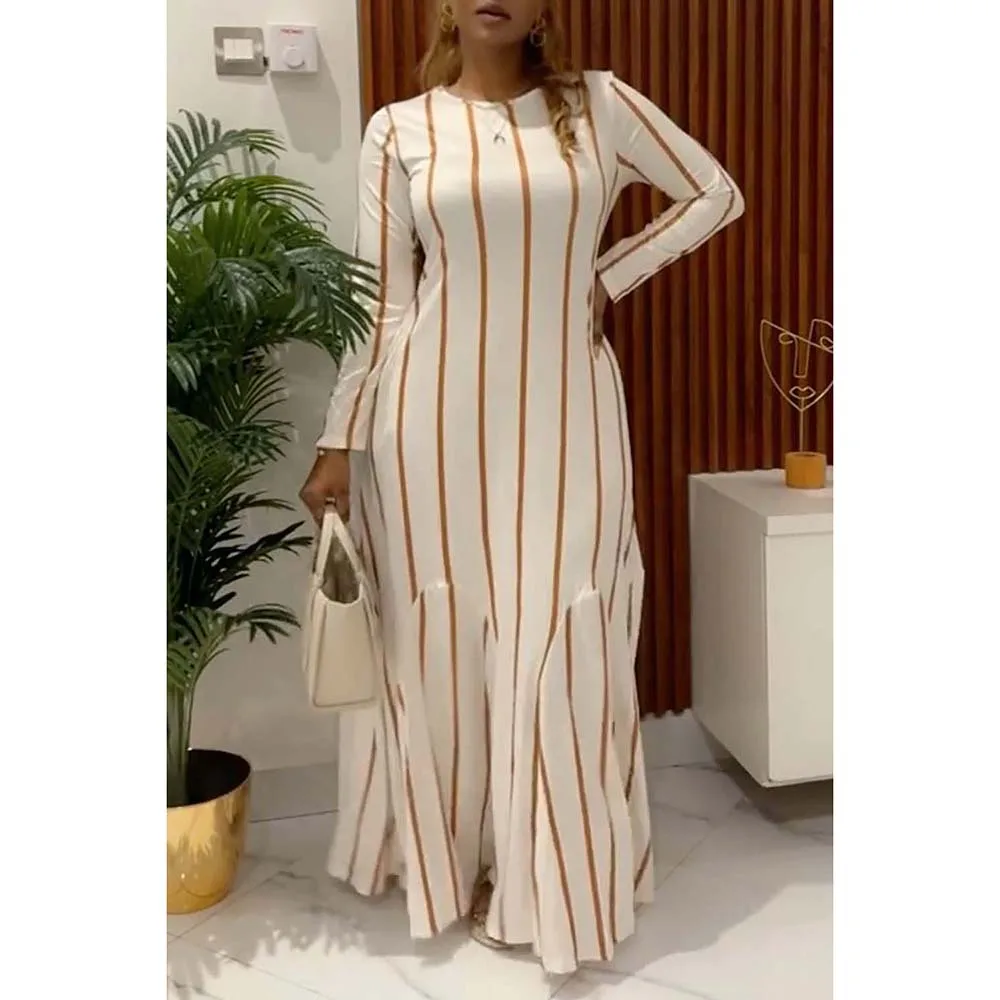 Plus Size Semi Formal Maxi Dresses Elegant White Striped Fall Winter Long Sleeve Cotton Maxi Dresses