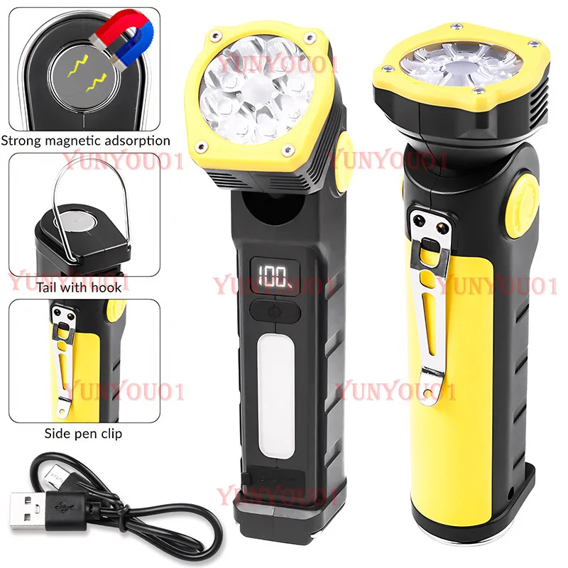Customized New LED Dual Light Source Working Light with Magnet Hook 90 ° Rotating Digital Display Multi-function Portable