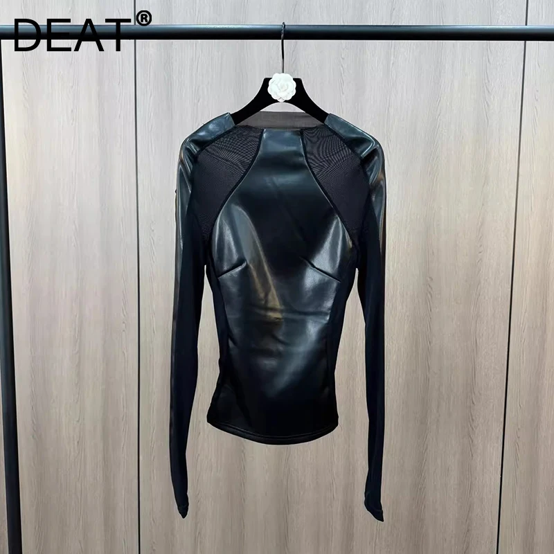 DEAT 2025 Spring New Arrival Trendy Women's Fashion Mesh Patchwork PU Leather T-shirts Black Casual Bottoms Top Female 11A02103