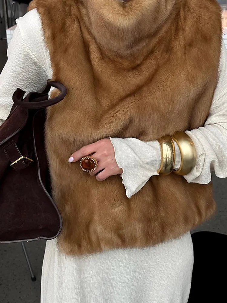 

Роскошный жилет из искусственного меха, женский повседневный жилет с воротником-стойкой, свободная верхняя одежда без рукавов, новинка 2025 года, зимние женские шикарные повседневные пригородные топы