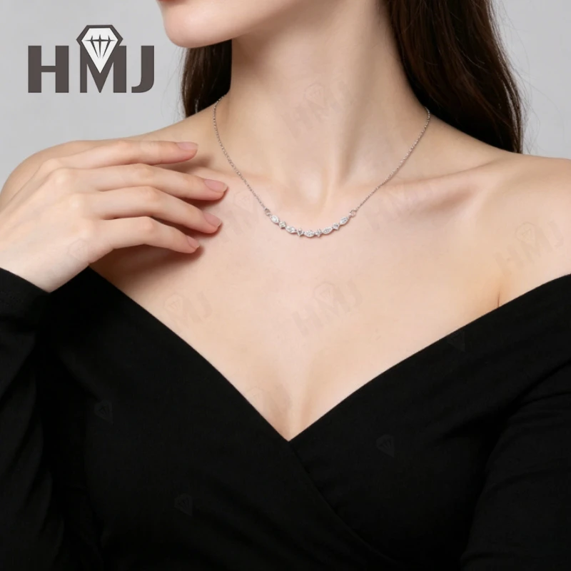 Delicate Cluster Moissanite Pendant Necklace 925 Sterling Silver Marquise/Round Cut DColor Anniversary Gift Fine Jewelry for Her – Detail 9