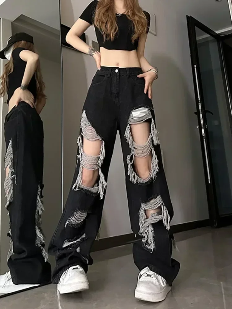 Jeans rasgado de cintura alta para as mulheres, streetwear folgado, calças de perna larga, calças jeans casuais, moda harajuku y2k 2024