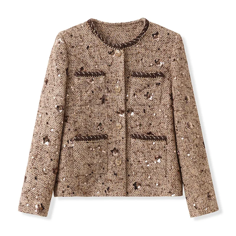 

Luxury Sequins Tweed Jacket Women 2024 Autumn Fashion Khaki Pockets Basic Wool Blend Jacket and Coat Outwear