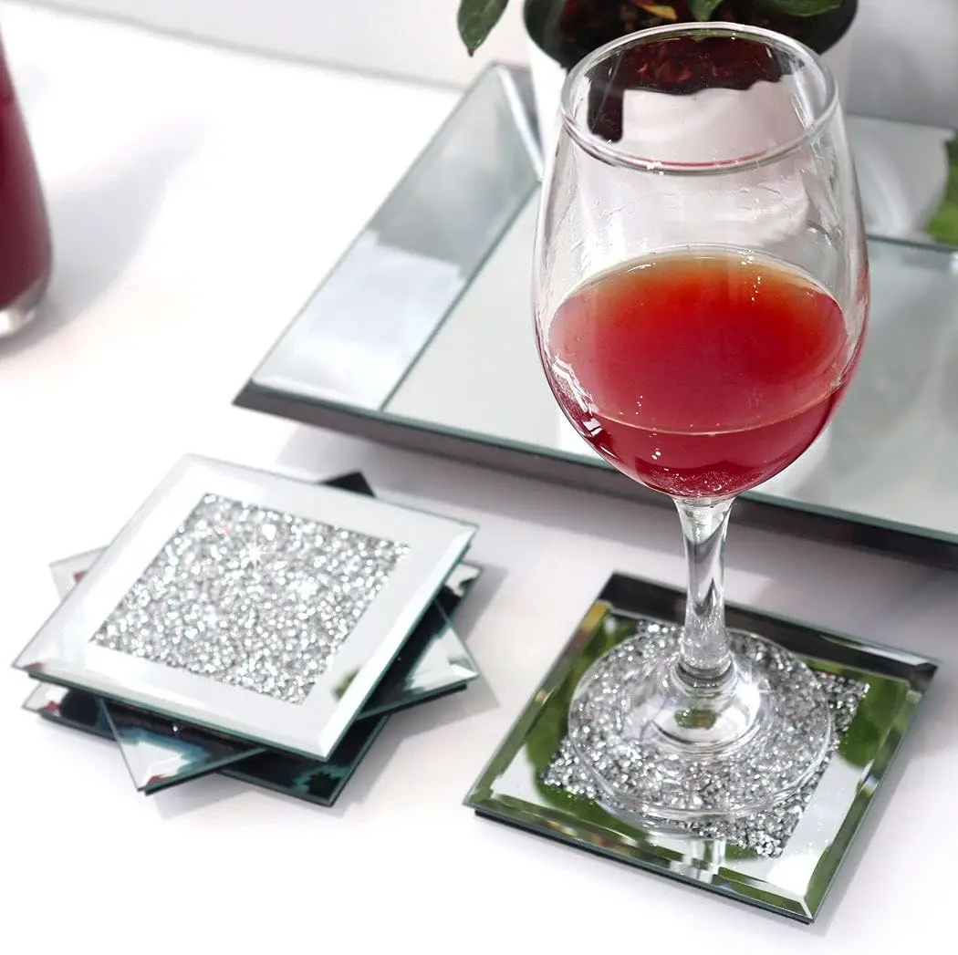 

Glass Mirrored Coaster 4 PC, Crushed Diamond Square Cup Mat 4 Decor On Tabletop For Bar Tools Dining Table