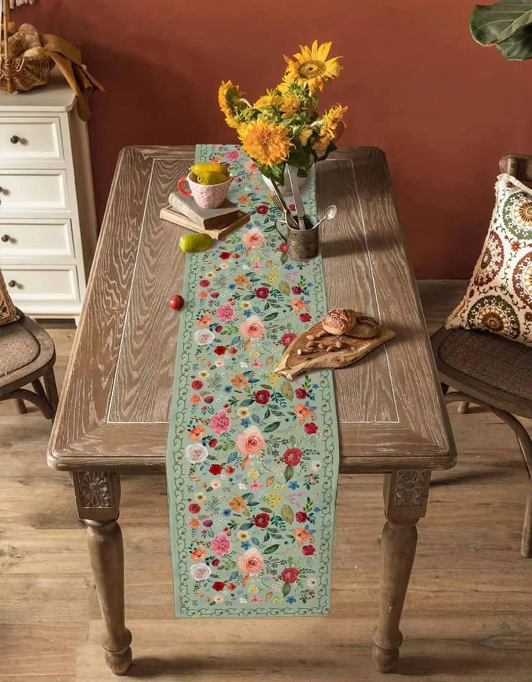 Spring Vintage Flowers Plants Green Table flag Party Decor Farmhouse Kitchen Dining Table Runner Wedding Decorations