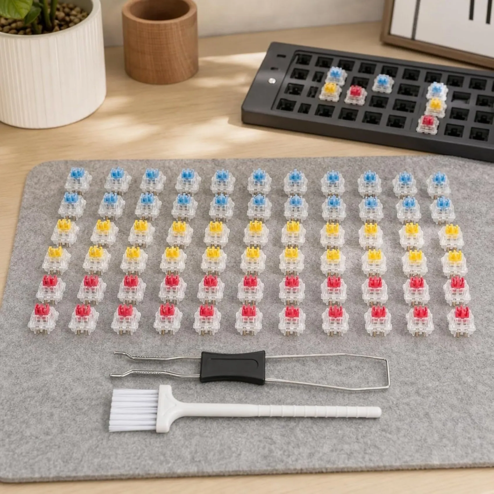 LXYB18B Keyboard Clickers Set(60 PCS) For 3D Printing, Includes Tweezers And Brush, Blue+ Yellow+ Red Keyboard Switches