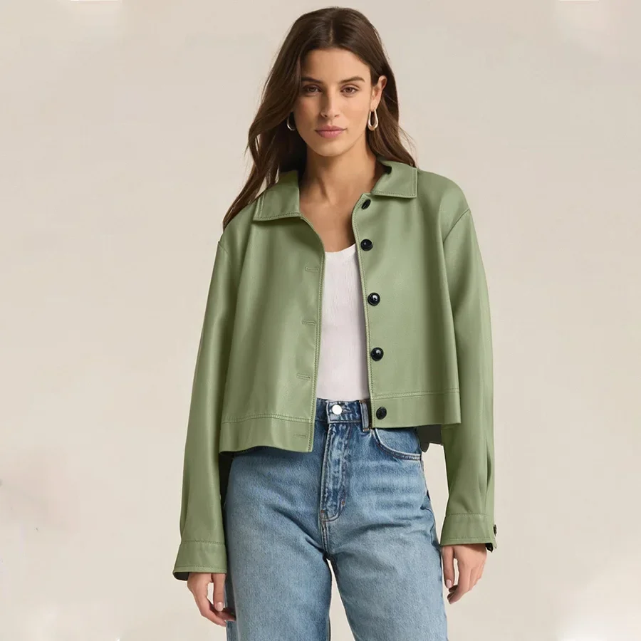 Conciso European And American Spring Autumn Lapel Faux Leather Women Jacket Loose Leather Outwear Motorcycle Female Coat J589