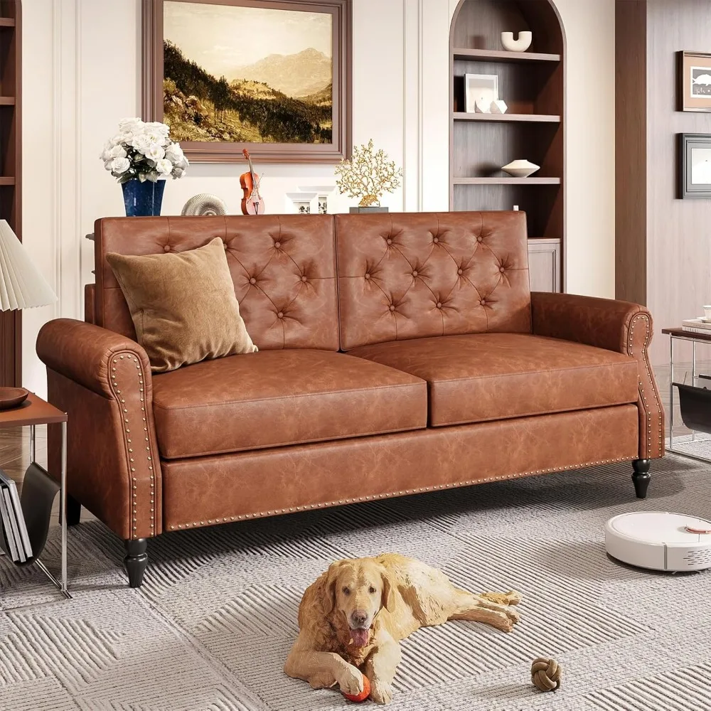 

Brown Couch, 73-inch Sofa, Faux Leather Couches, Office Sofa with Wooden Legs, Vintage Couch with Rolled Armrests, Mid Century