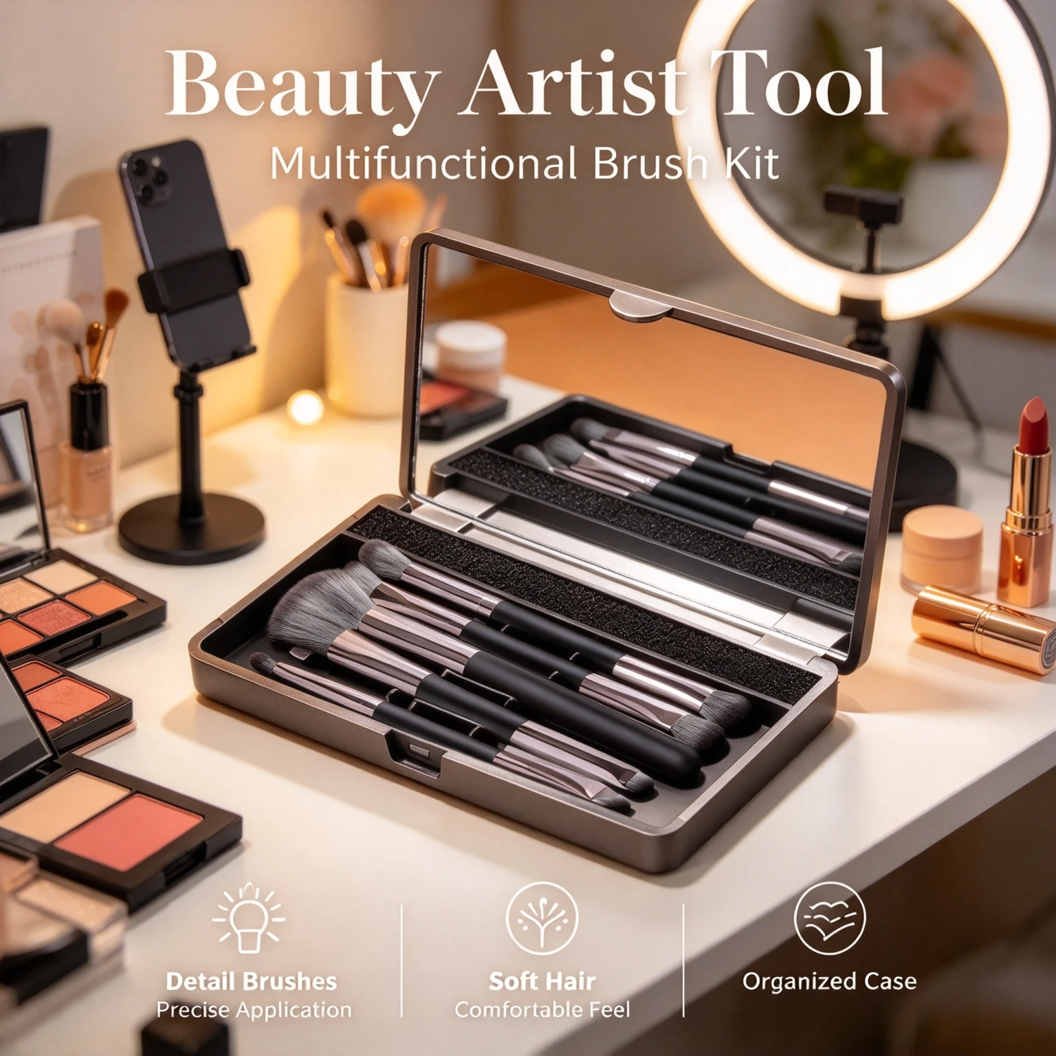 Dual End Portable Makeup Brush Set 5pcs with Mirror Box Multifunctional Cosmetic Brushes Aesthetic Beauty Tool for Travel