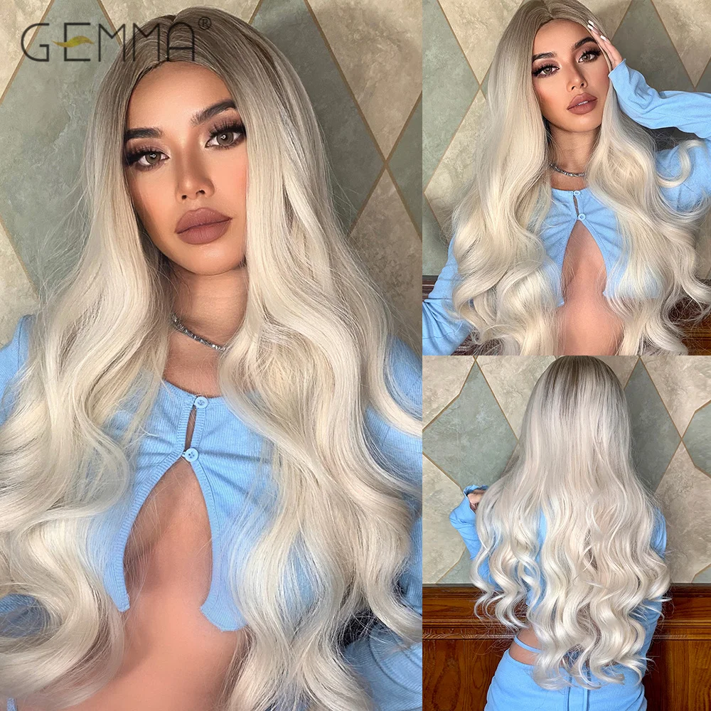 GEMMA Synthetic Ombre Platinum Blonde Long Wavy Wig Middle Part Natural Hair Wigs for Women Cosplay Party Daily Heat Resistant