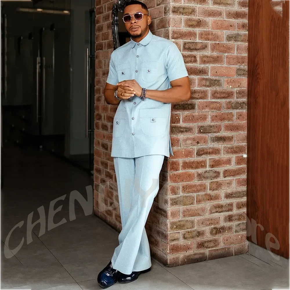 Stylish Stand Lapel Men's Suit Jacket Pants Slim Fit Multi Pockets Short Sleeves Costume Outfit Smart Casual Party Daily Wear