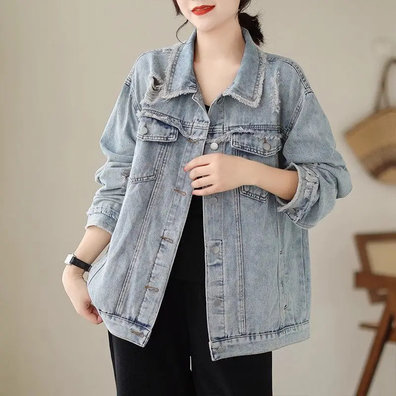 S-5XL Retro Raw Edge Vintage Denim Jacket For Women's Autumn Spring New Large Size Loose Jeans Jaqueta Single Breasted Top Z2772