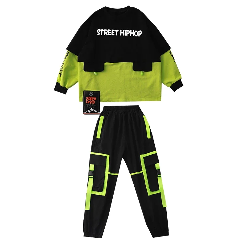 Casual Pants Jazz Stage Clothes Kids Ballroom Dancewear Hip Hop Clothing Green Sleeves Tops Street Dance Costume Girls