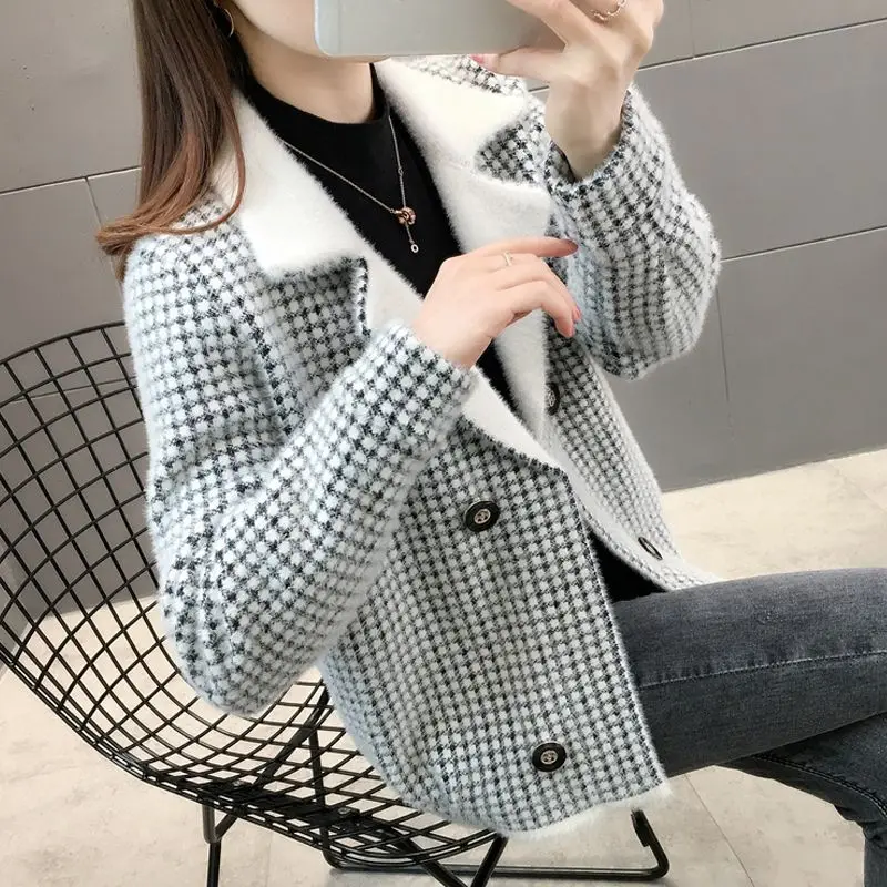 

Women's Knitted ort Cardigan Coat 2024 Autumn Winter Plaid Suiting Clothes Set Collar Warmth Heating Functional Che ...