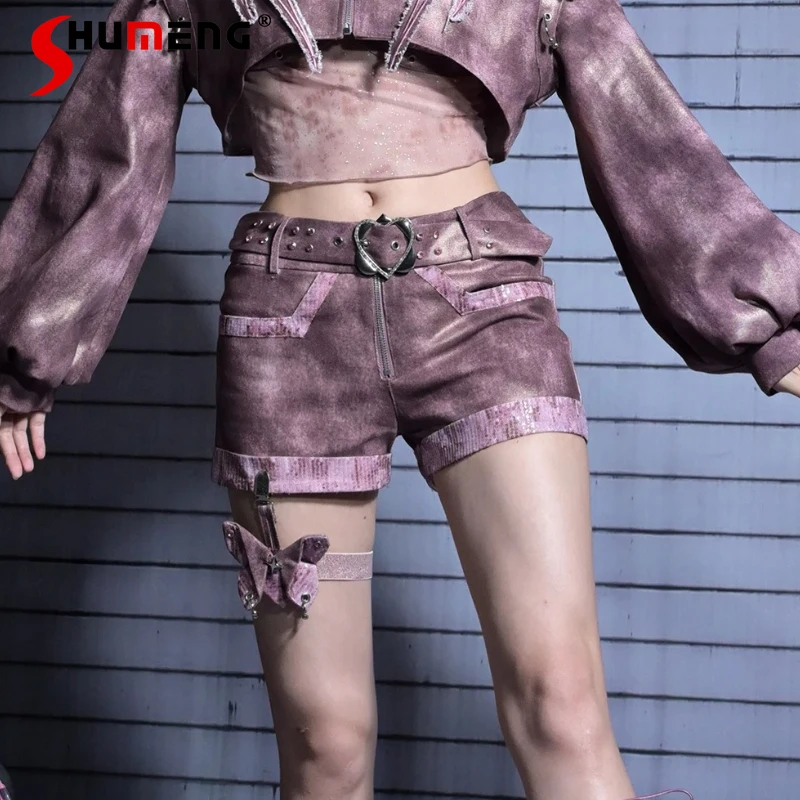 

Japanese Unique Design Y2K Short Trousers Punk Style Sexy Slim Fit Denim Pants High-waisted Zipper Booty Shorts With Belt Female