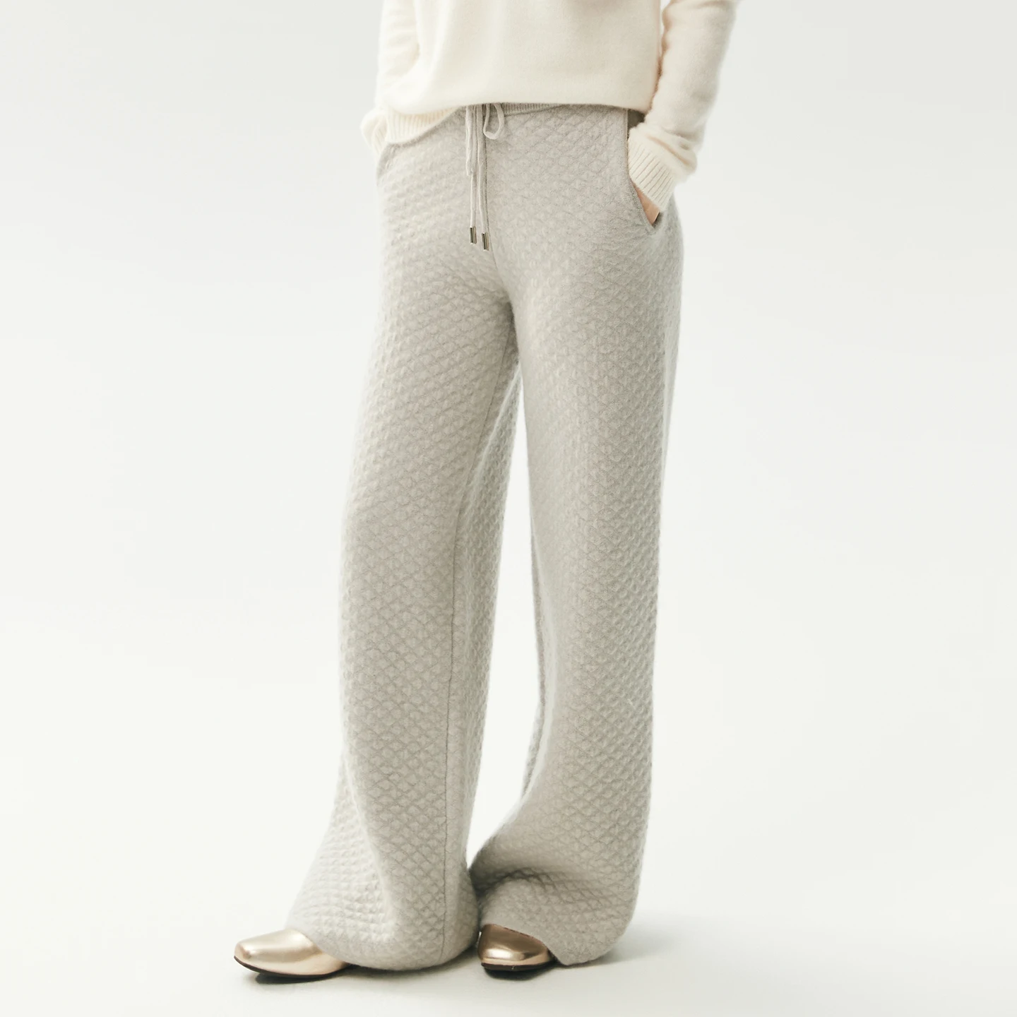 Chic Wide Leg Pants Women's Pants 100% Cashmere Autumn Winter Thickened Warm Knitwear Trousers Diamond Pattern Drawstring Pants