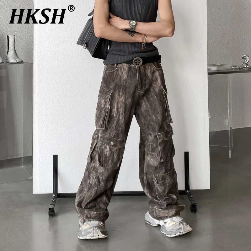 

HKSH Heavy Industry Multi Pockets Dark Denim Cargo Pants Men's Retro Chic Fashion Punk Niche Design Vintage Casual Jeans HK0511