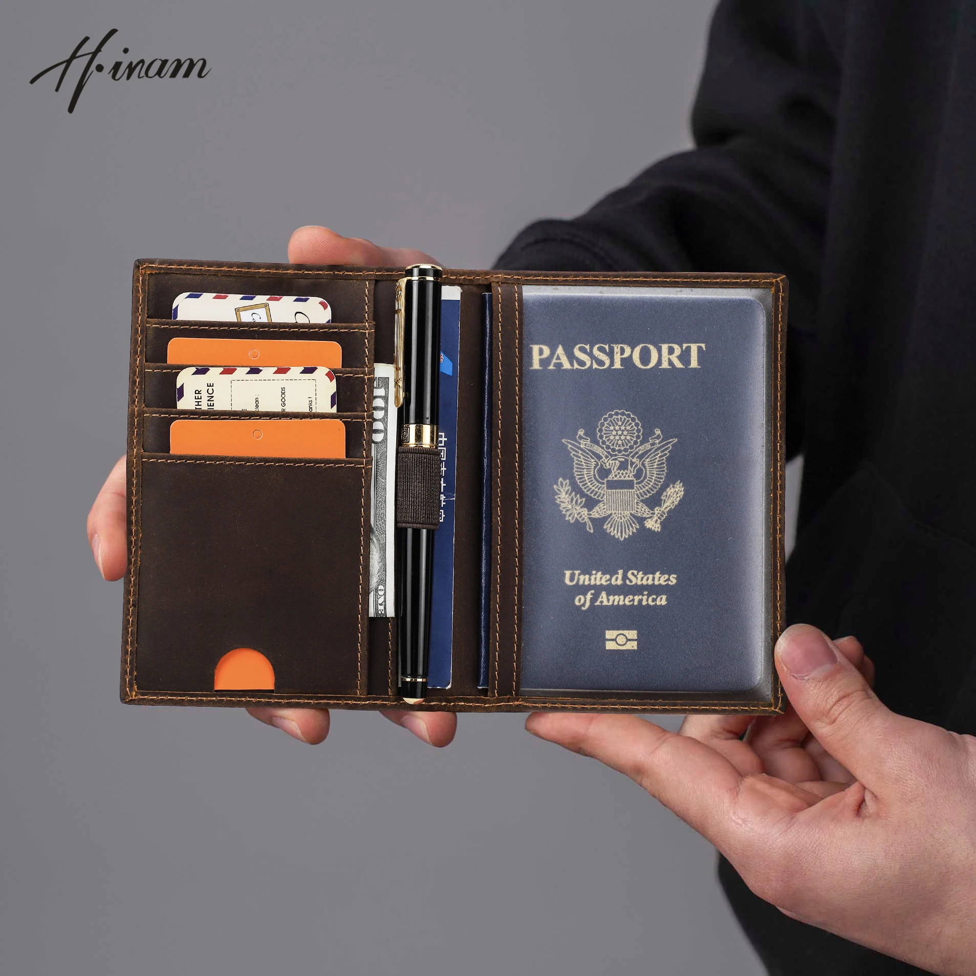 Retro Leather Passport Cover RFID Blocking For Cards Travel Passport Wallet Document Organizer Case With 1 Pen Holder Men Women