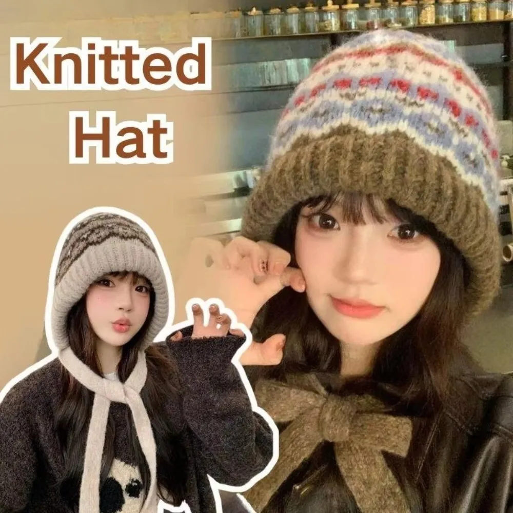 Fashion Striped Knitted Woolen Hat Ethnic Style Windproof Ear Flap Cap Cold-proof Thickened Strap Ear Protection Hat for Women