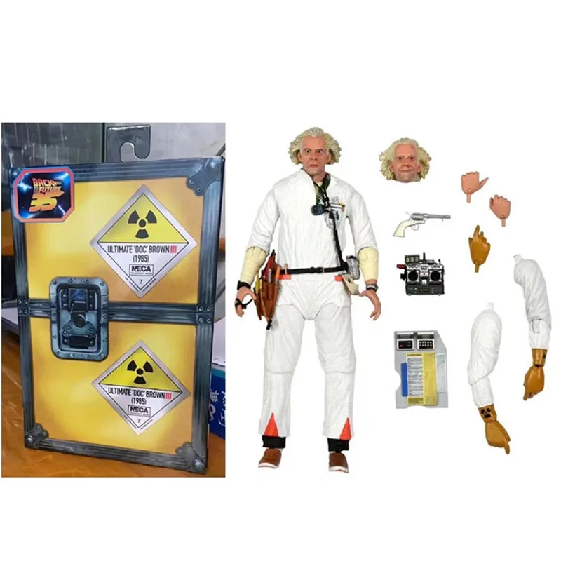 NECA Back To The Future Dr. Emmett Brown Marty McFly Jr. Action Figures Yellow Coat Skate Guitar Model Figures Movable Doll Toys