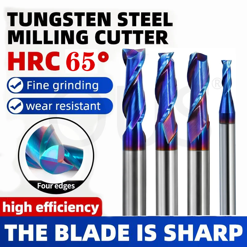 OUS HRC65 2-Flute Tungsten Steel CNC Carbide Blue Nano Coating Flat Milling Cutter CNC Stainless Steel Special End Mill Tools