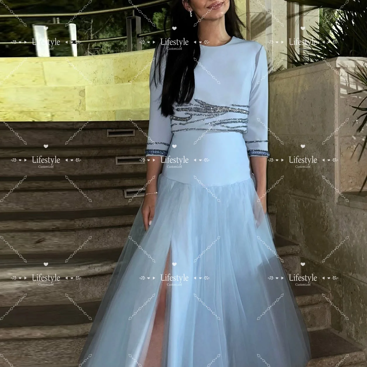 

Голубые платья для выпускного вечера с бисером по индивидуальному заказу для особых случаев, вечернее платье из тюля с разрезом по бокам, изысканное вечернее платье высокого качества