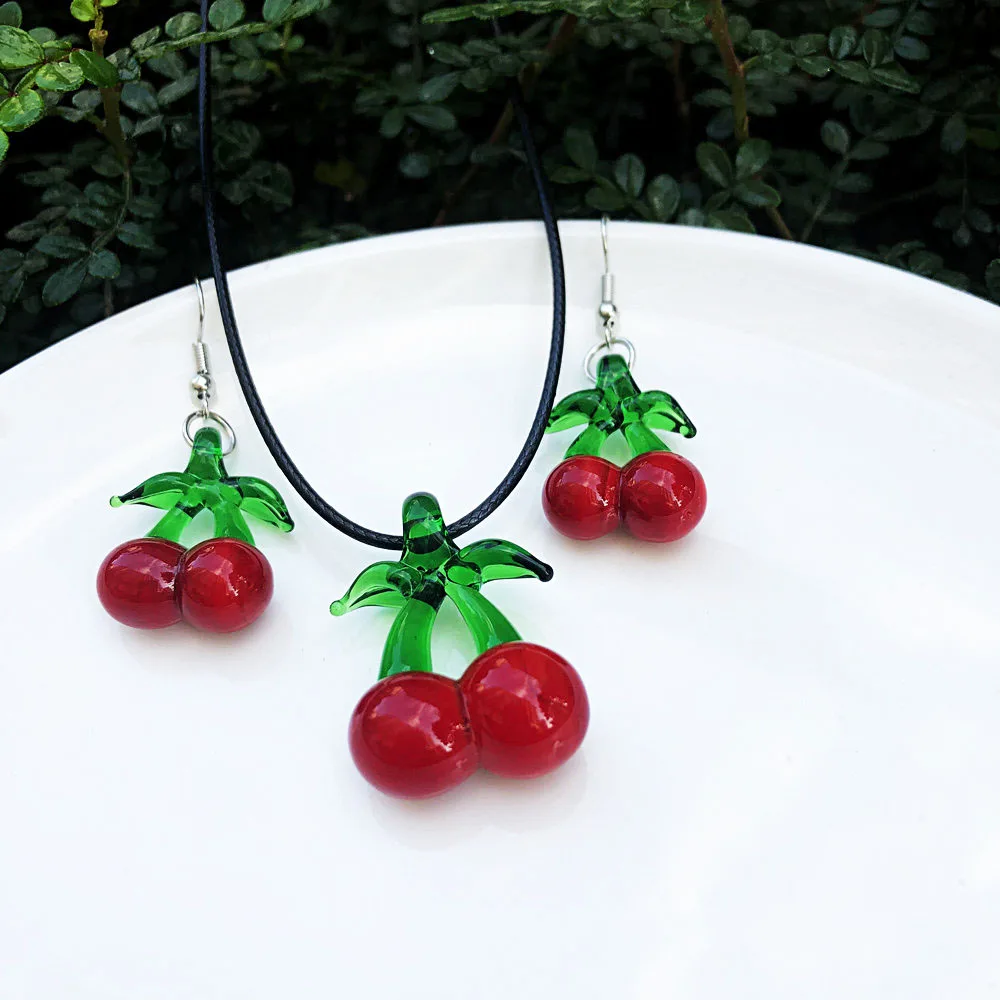 

5 set Jewelry Red Cherry Fruit Lampwork Glass Muran Bead Necklace Earring For Women Fashion Cheap Items