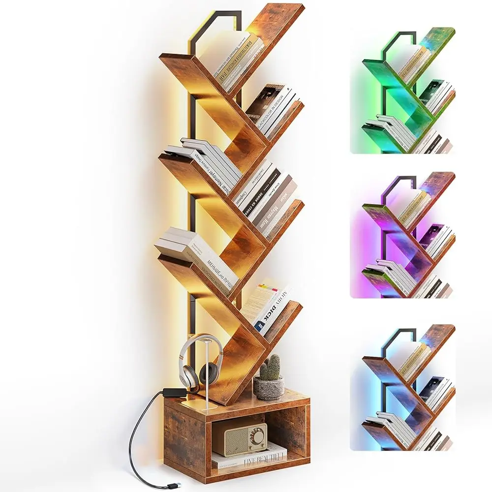 

Tree Bookshelf With Led Light St — 6-Tier Corner Shelf With Cabinet, Narrow Floor Standing Bookcase, Small Steel&Wood Book