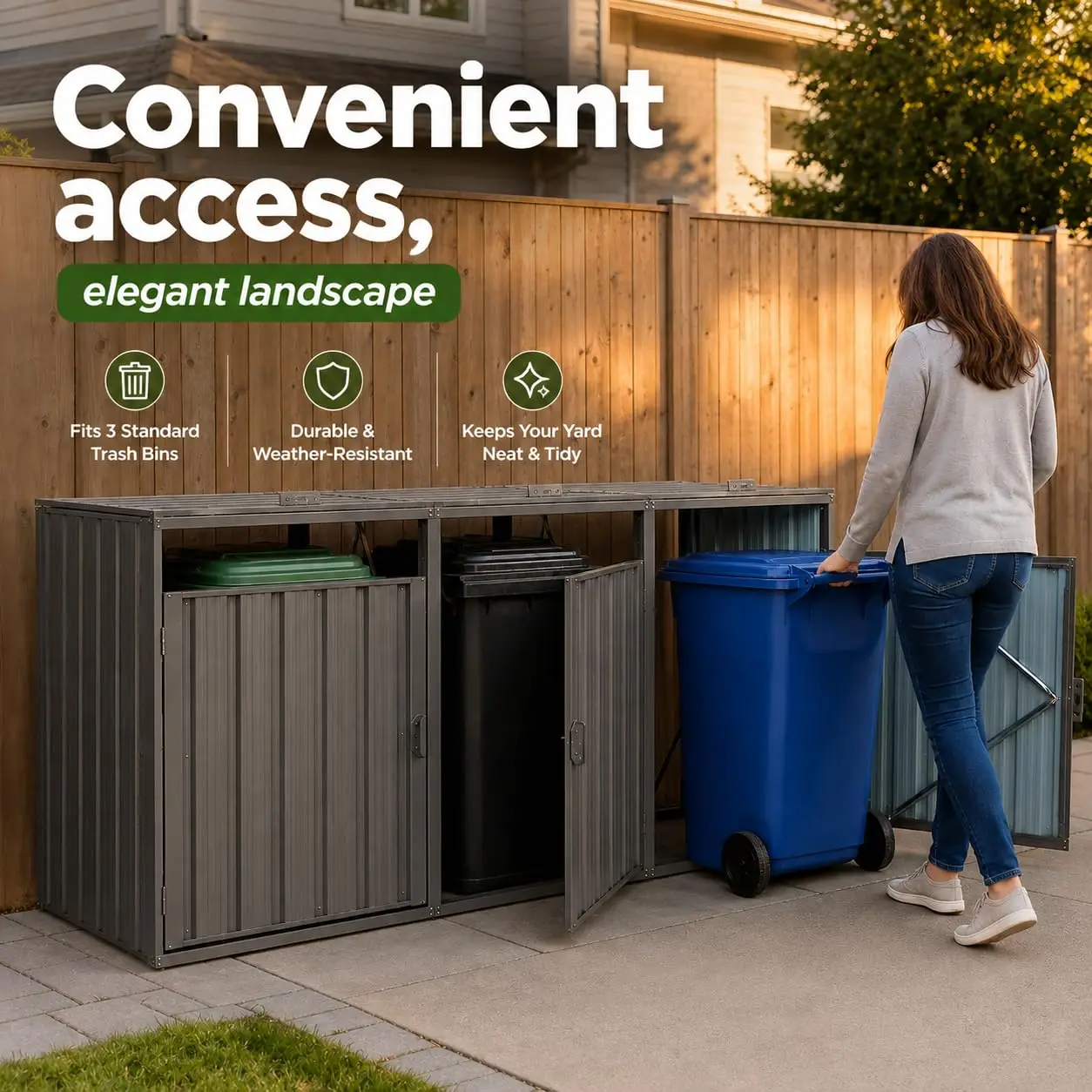 Garbage Bin Shed for 3 Trash Cans Galvanized Steel Outdoor Storage
