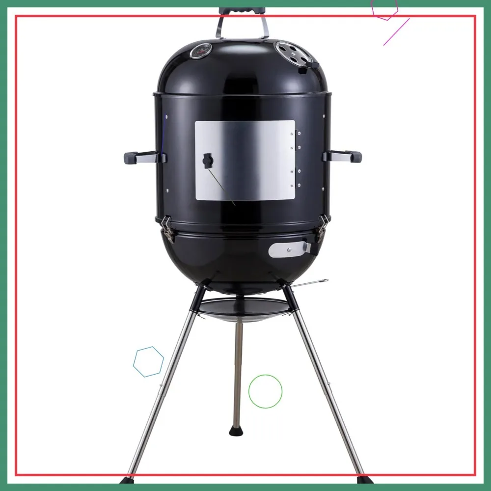 

18-Inch 4-in-1 Portable Charcoal BBQ Smoker Grill with Adjustable Air Vent, 600 SQ. In Cooking Area & Temperature Gauge