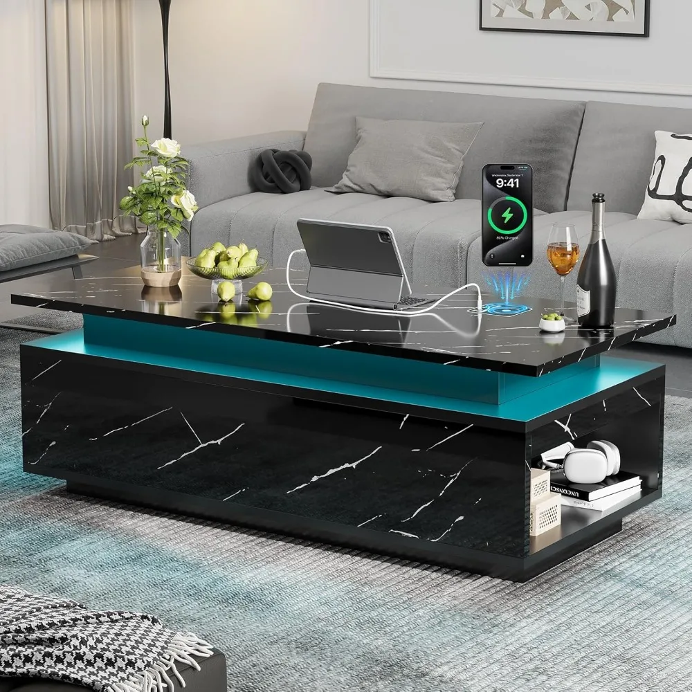 LED Coffee Table with Storage, Black Coffee Table with Wireless Charging and Speaker, High Glossy Modern Center Table with 24 Co