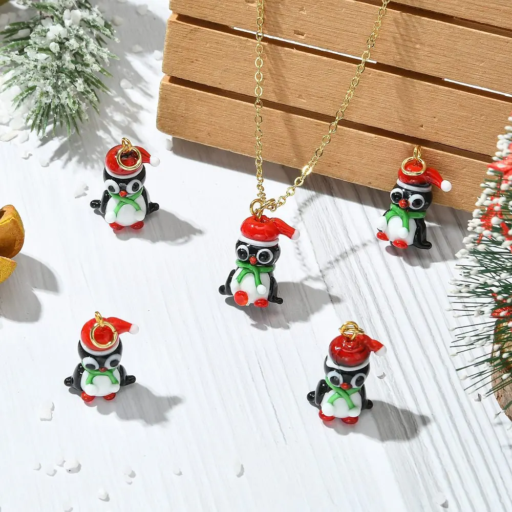 5pcs Lampwork Glass Christmas Penguin Charms Penguin w/ Santa Hat Scarf Pendant for DIY Bracelet Necklace Earring Jewelry Making