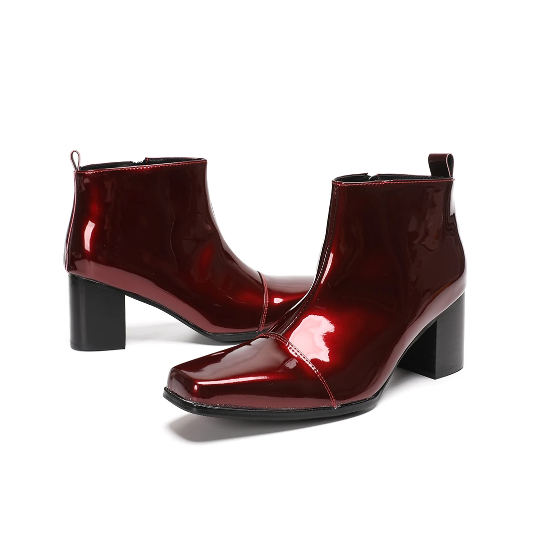 Male Red Genuine Leather High Heel Ankle Boots men Zipper square Toe Block Heel Night Club Party short boot Plus Size dress Shoe