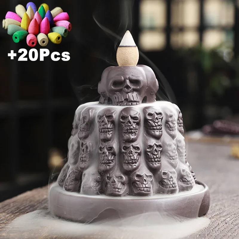

Original Design 3D Skull Halloween Decoration Handmade Purple Clay Backflow Incense Burner With 20Pcs Incense Cones,Home Decor