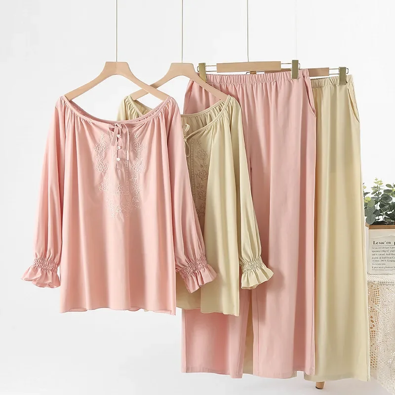 

Новый весенний костюм с цветочной вышивкой, одежда для сна с длинными рукавами, женские пижамы из 100% хлопка, пижамы из 2 предметов, свободная ночная рубашка, женские пижамы