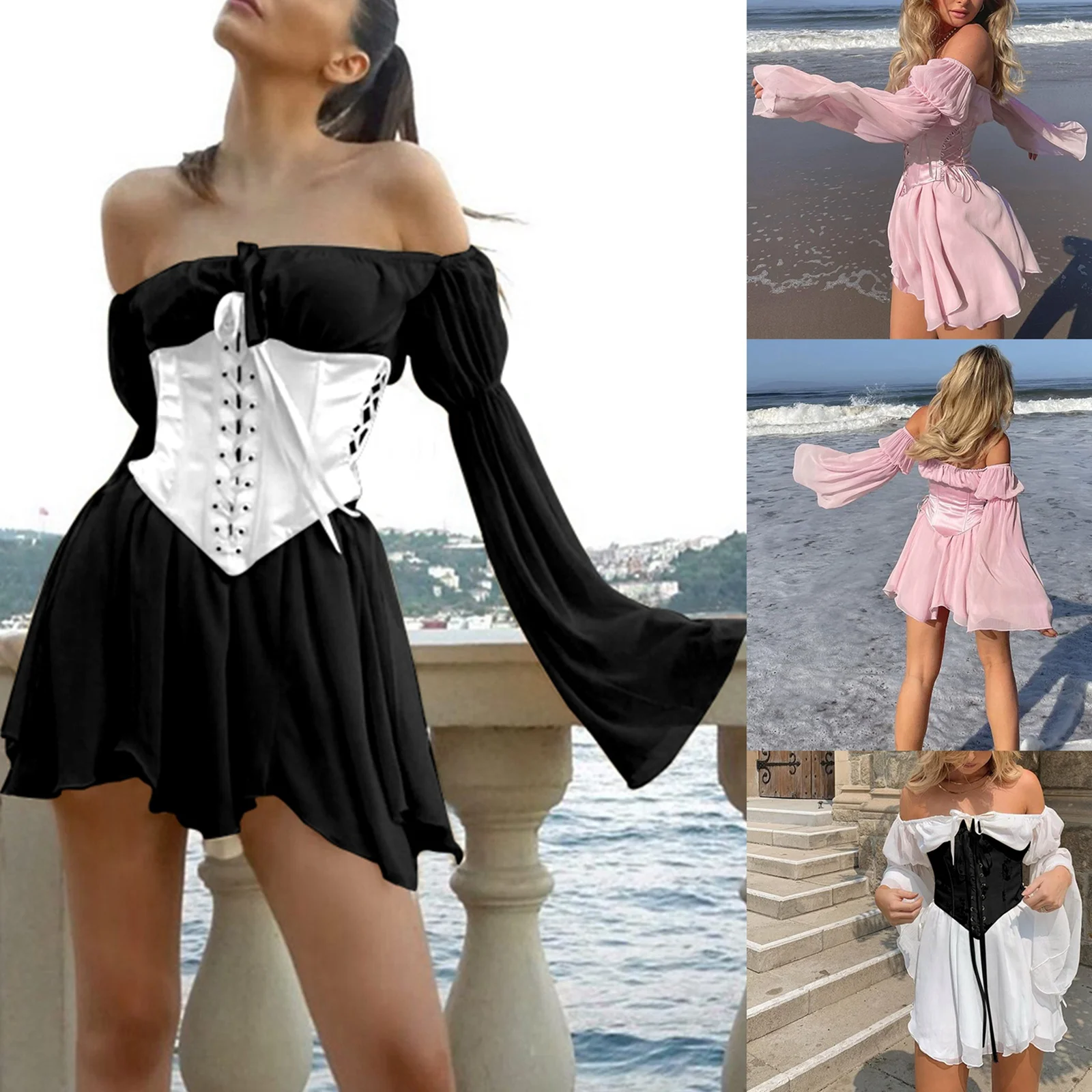 Fashion Women Off Shoulder Mesh Short Dress Irregular Adjustable Lace Up Long Puff Sleeve Swing Dress Shaper Waist seal