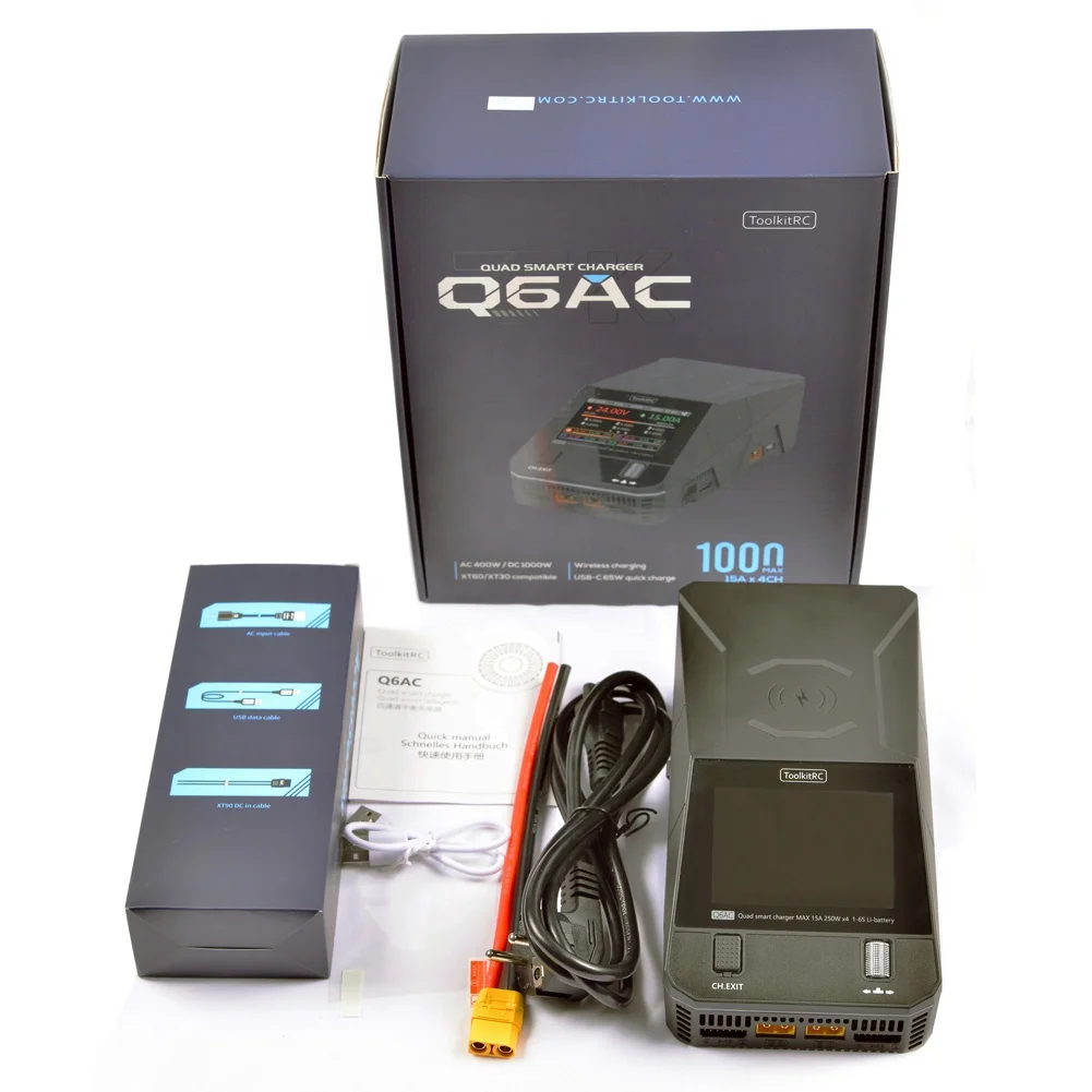 Uangel ToolkitRC Q6AC cargador AC 400W DC 1000W 4CH salida integrada 65W salida USB 15W cargador inalámbrico para batería LiPo NiMH PB