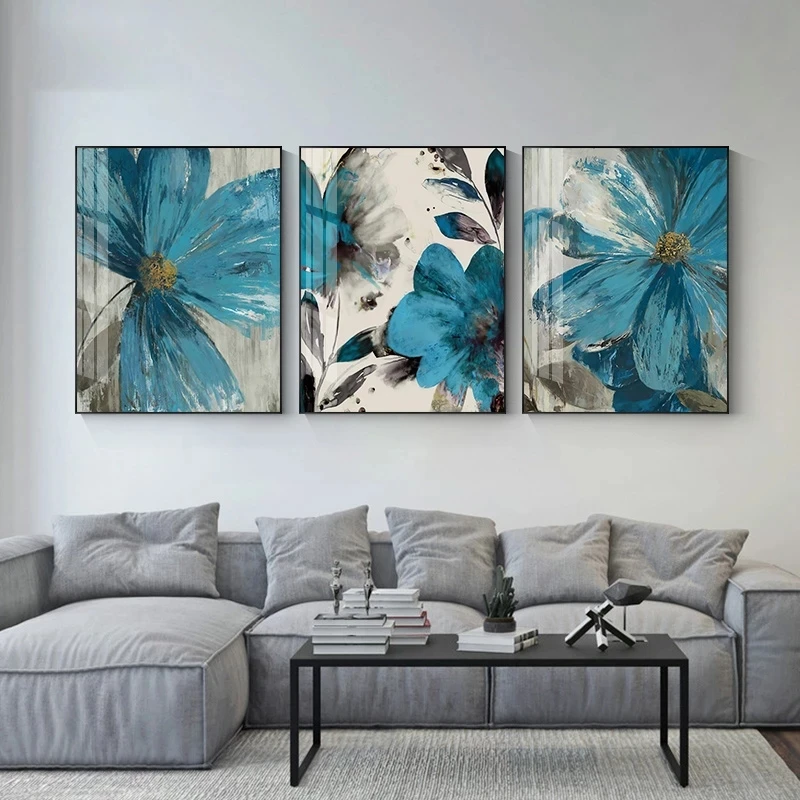 1pc frameless Blue Paint Flowers Canvas Printings Nordic Abstract Poster Blooming Life Botanical Paintings Wall Art Picture Livi