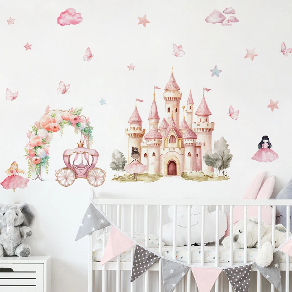 Cartoon Pink Princess Castle Star Children's Wall Stickers for Kids Room Baby Room Decoration Wallpaper Wall Decals Nursery